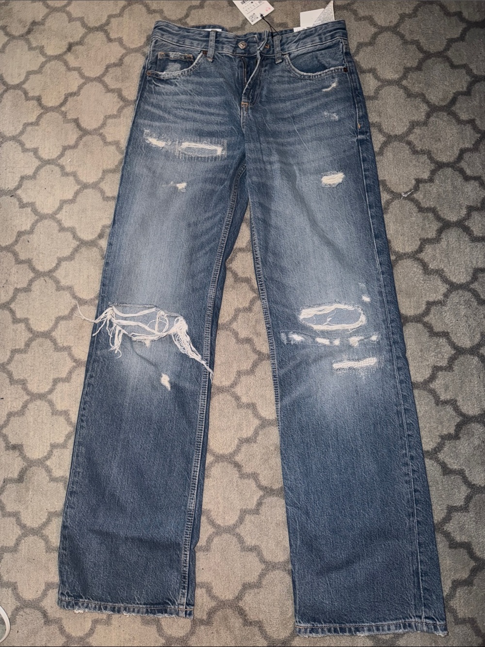 Zara Distressed Wide Leg Jeans in Medium Blue